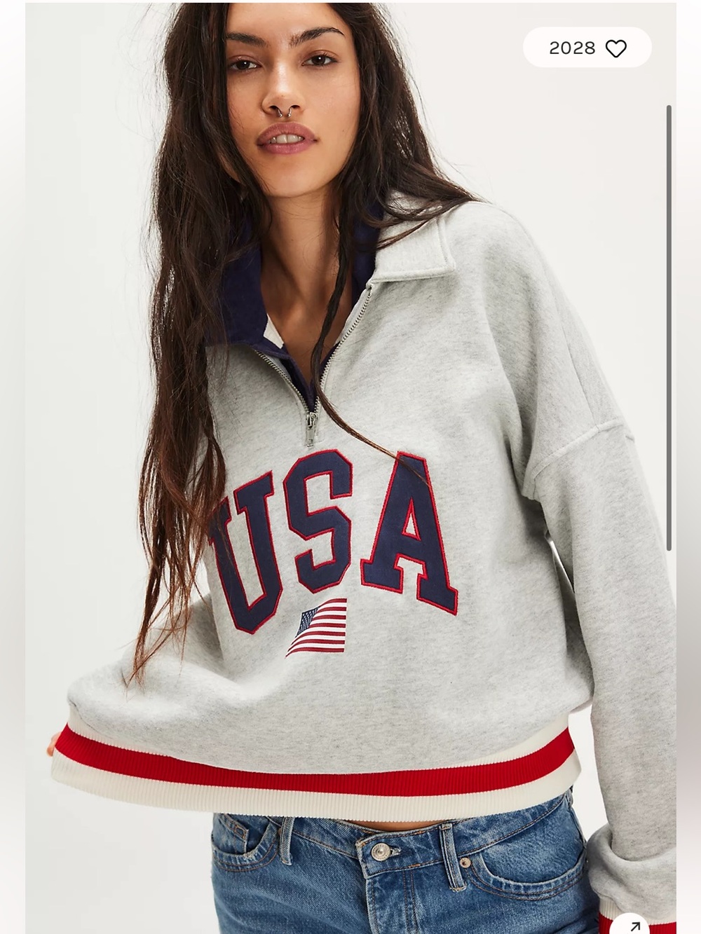 Chaser USA Embroidered Gray Half-Zip Sold at Free People Size Small NWOT